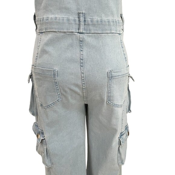 Strapless Denim Cargo Jumpsuit Y2K Edgy Streetwear Utility Baddie Distressed XL - Picture 8 of 12